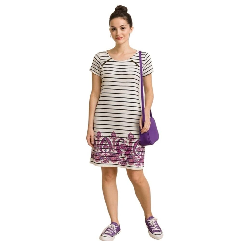 Magnolia Grace Dress Womans Medium Striped Knit Dress Zipper Paisley Hem